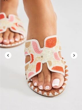Beaded Cutout Flat Sandals - White with Coral & Pink